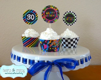 Neon 80s Party Cupcakes DIY - 80s Birthday Cupcake Toppers & Wrappers - Print Your Own - FILE to PRINT