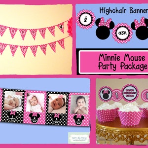 DIY Minnie Mouse First Birthday Party PACKAGE to PRINT Pink or Red Birthday Banner, Highchair Banner, First Year Banner, Cupcakes & more image 1