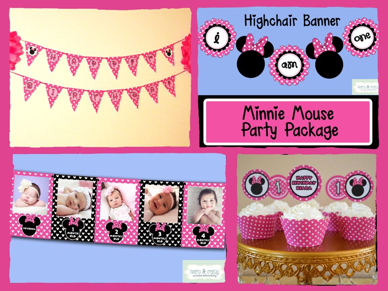 DIY Minnie Mouse First Birthday Party PACKAGE to PRINT Pink or Red Birthday Banner, Highchair Banner, First Year Banner, Cupcakes & more image 1