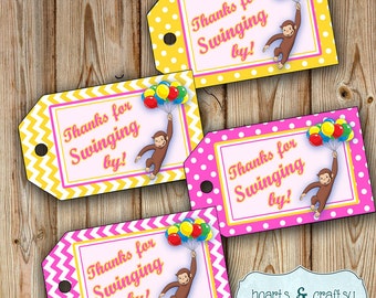 Curious George-tags voor feestbedankjes DIY / gepersonaliseerde cadeaukaartjes - roze en geel - twee stijlen - bestand om zelf af te drukken om af te drukken