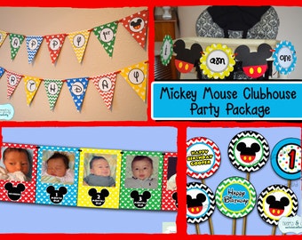 Mickey Mouse Clubhouse First Birthday Party PACKAGE - Birthday Banner, Highchair Sign, Photo Banner, Cupcakes & more! - FILE to PRINT diy