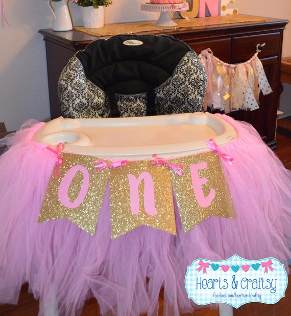 Pink And Gold Highchair Tutu First Birthday High Chair Pink And Gold Highchair Tutu First Birthday High Chair Tulle Banner Skirt