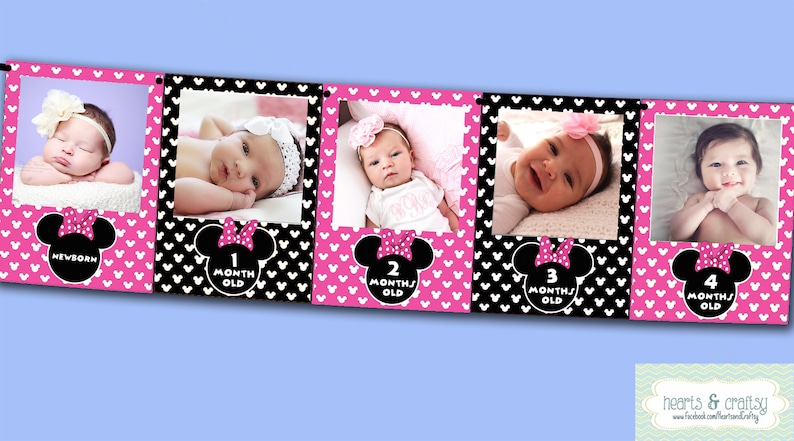 Mickey Mouse First Year Photo Banner / 12 Month Banner / Mickey OR MINNIE / Mickey Mouse First Birthday Party / Baby Mickey MINNIE Pink & Black
