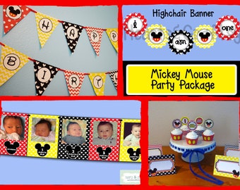 DIY Mickey Mouse First Birthday Party PACKAGE - Bannière d’anniversaire, bannière de chaise haute, bannière de première année, Cupcake Toppers et plus - Fichier à IMPRIMER