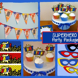 DIY Superhero Birthday Party PACKAGE Printable Birthday Banner, Cupcake Toppers & Liners, Masks and MORE image 1