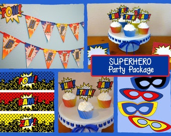 DIY Superhero Birthday Party PACKAGE Printable - Birthday Banner, Cupcake Toppers & Liners, Masks and MORE!