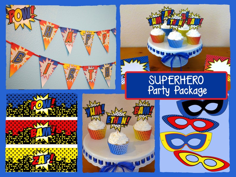 DIY Superhero Birthday Party PACKAGE Printable Birthday Banner, Cupcake Toppers & Liners, Masks and MORE image 1