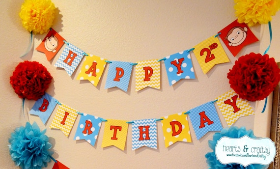 Curious George Happy Birthday Banner / Curious George Birthday Party - BLUE or PINK Il_570xn