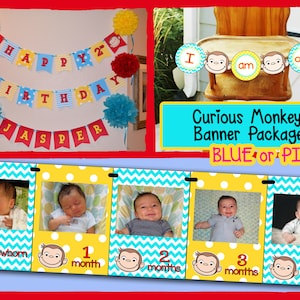 Curious George First Birthday Banner Package DIY DOWNLOAD / Curious George Birthday Party Package - Choose Your Colors! File to PRINT