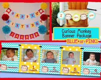 Curious George First Birthday Banner Package DIY DOWNLOAD / Curious George Birthday Party Package - Kies uw kleuren! Bestand naar PRINT