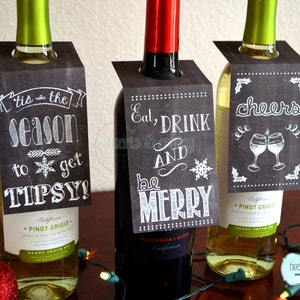 Christmas Holiday Chalkboard Style Personalized Wine Bottle Gift Tags / Wine Bottle Labels / SET OF THREE 3 image 3