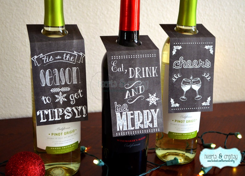 Christmas Holiday Chalkboard Style Personalized Wine Bottle Gift Tags / Wine Bottle Labels / SET OF THREE 3 image 3