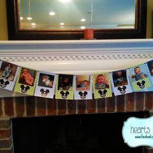 Mickey Mouse First Year Photo Banner / 12 Month Banner / Mickey OR MINNIE / Mickey Mouse First Birthday Party / Baby Mickey MICKEY BABY Blue Gre