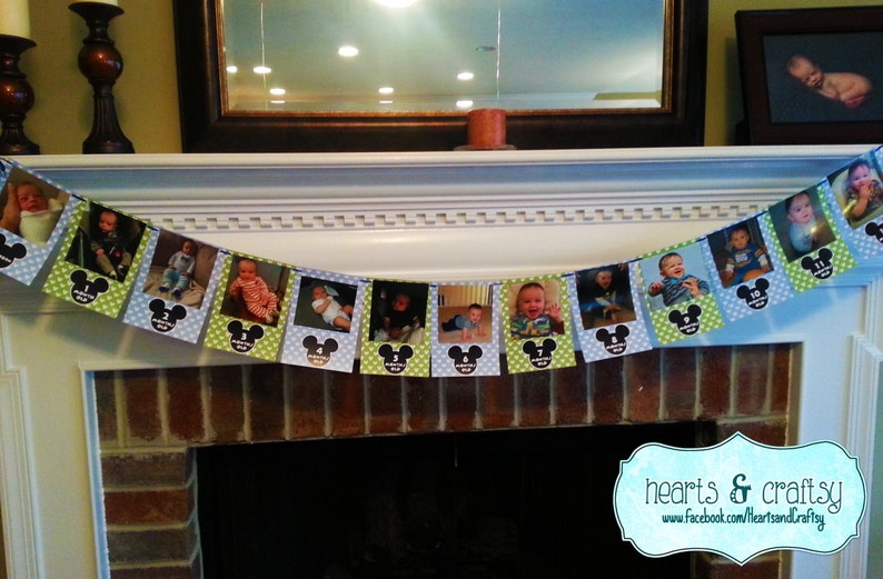 Mickey Mouse First Year Photo Banner / 12 Month Banner / Mickey OR MINNIE / Mickey Mouse First Birthday Party / Baby Mickey MICKEY BABY Blue Gre