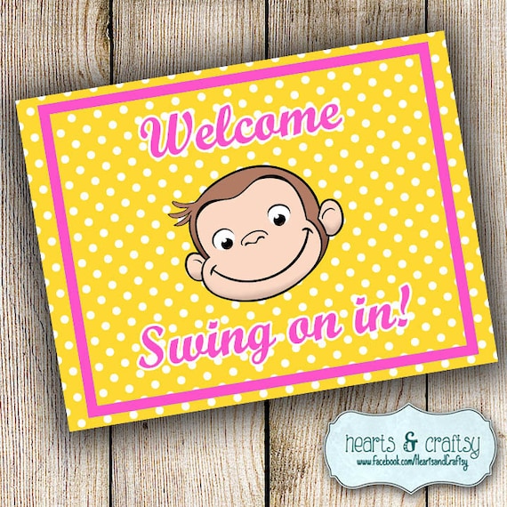 Curious George Birthday Welcome Sign Swing On In Pink Etsy
