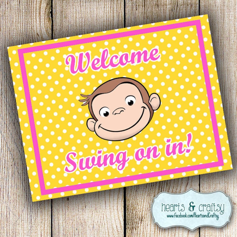 Curious George Birthday Welcome Sign Swing On In Pink Etsy