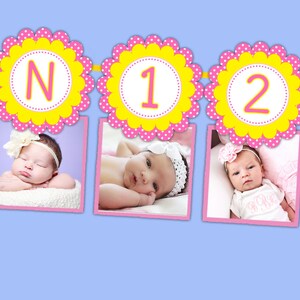 Pu&ograve; includere: Uno striscione fotografico per neonati rosa e giallo con un sole all'inizio e foto di un bambino di 1, 2 e 3 mesi. Lo striscione dice "N 1 2 3".