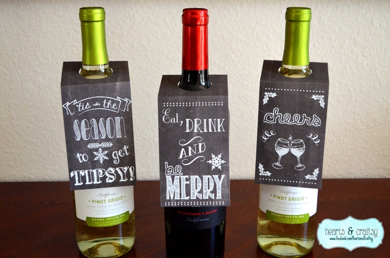 Christmas Holiday Chalkboard Style Personalized Wine Bottle Gift Tags / Wine Bottle Labels / SET OF THREE 3 image 4