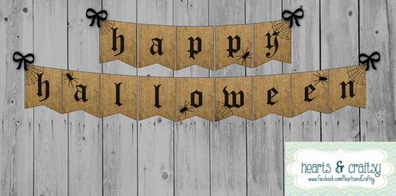 Happy Halloween Banner Burlap with Spiders and Spiderwebs - INSTANT DOWNLOAD DIY Il_570xn