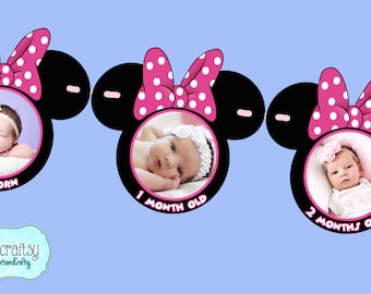 Minnie Mouse Primer Año Photo Banner DIY / Banner de 12 meses / Minnie Mouse Primera fiesta de cumpleaños / Rosa / ARCHIVO para IMPRIMIR - Descarga instantánea