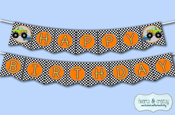 Monster Truck Birthday Party Happy Birthday Banner Monster Etsy