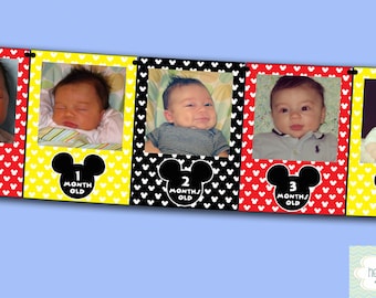 Mickey Mouse First Year Photo Banner DIY / 12 Month Picture Banner / Mickey Mouse First Birthday Party FILE to PRINT