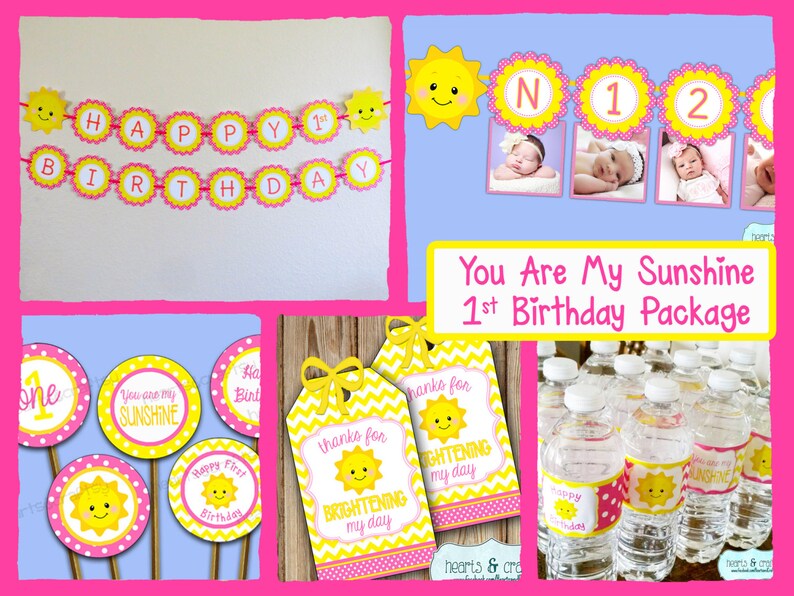 Pu&ograve; includere: Un pacchetto per feste di primo compleanno a tema sole, in giallo e rosa. Il pacchetto include uno striscione, topper per cupcake, etichette per bottiglie d'acqua e tag per bomboniere. Il testo "You Are My Sunshine 1st Birthday Package" &egrave; presente nell'immagine.