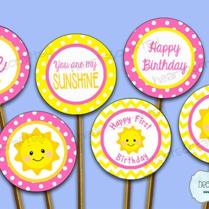 Pu&ograve; includere: Cinque topper rotondi per cupcake, rosa e gialli, con un design a sole e pois. I topper presentano il testo "one", "You are my sunshine", "Happy Birthday", "Happy First Birthday" e un sole sorridente.