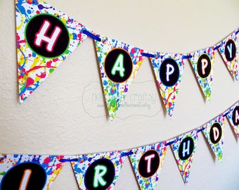 Glow In The Dark Party Happy Birthday Banner DIY / Neon Birthday Banner / Blacklight Party - Print Your Own - FILE to PRINT