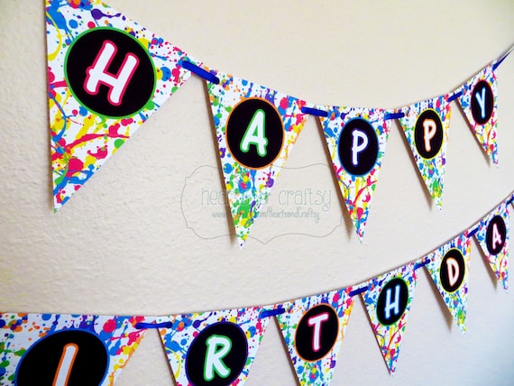 Glow In The Dark Party Happy Birthday Banner / Neon Birthday Banner / Blacklight Party Il_570xn