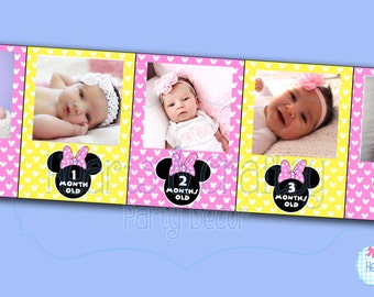 Baby Minnie Mouse Eerste Jaar Foto Banner DIY / 12 Maanden Banner / Minnie Mouse Eerste Verjaardagsfeestje / Lichtroze / BESTAND om AF TE DRUKKEN