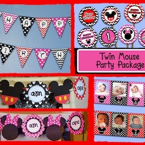 DIY Mickey Mouse & Minnie Mouse TWIN First Birthday Party PACKAGE - Print Your Own