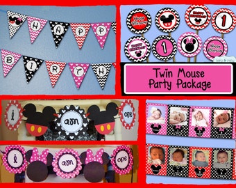 DIY Mickey Mouse & Minnie Mouse TWIN First Birthday Party PACKAGE - Print Your Own