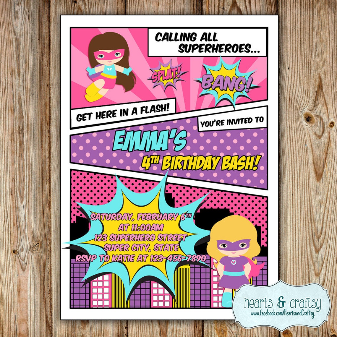 Superhero Girl Party Invitation / Girl Super Hero Birthday Etsy