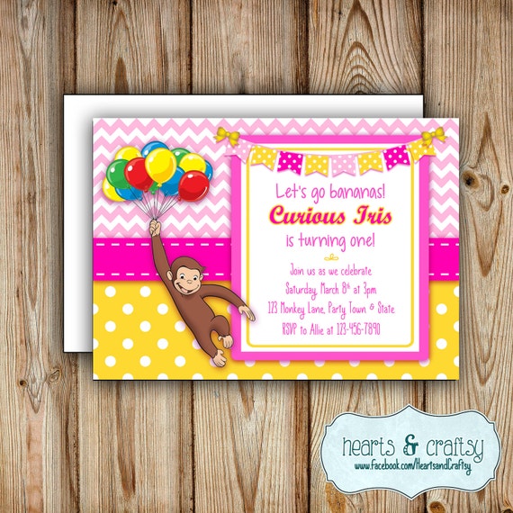 Curious George Birthday Party Invitation - Curious George Party Invitation - Pink Curious George - Girl Curious George - FILE to PRINT Il_570xn