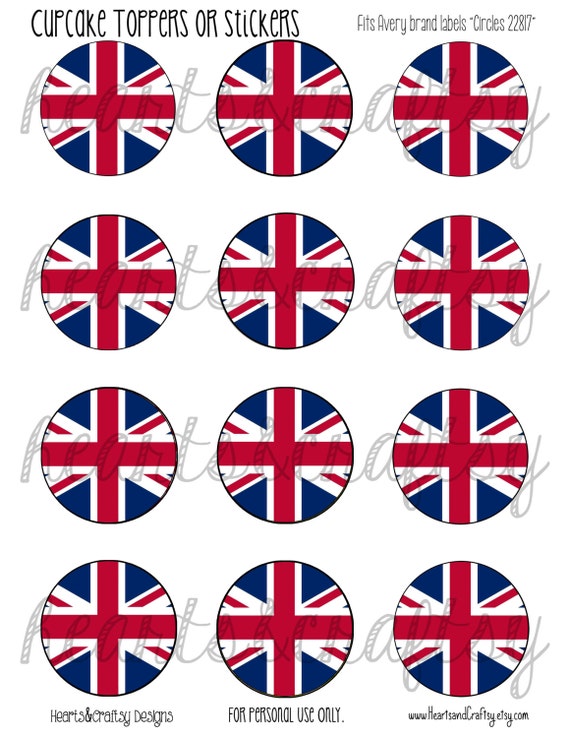 UK Party British Flag Union Jack Printable Cupcake Toppers Tea Cake Topper  / Stickers / Tags FILE to PRINT 