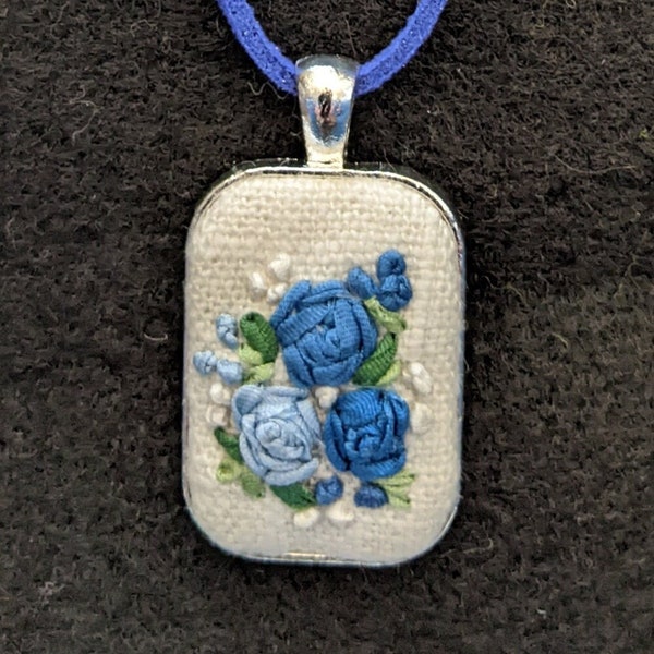 Blue Roses trio Silk Ribbon Embroidery Necklace