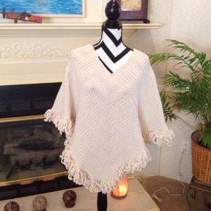 Cream (Aran) color Poncho with looped fringe_Stylish Hand Crocheted Poncho,_Free Shipping_Made in USA_Boho Poncho_Misses/Teens_Vintage Look
