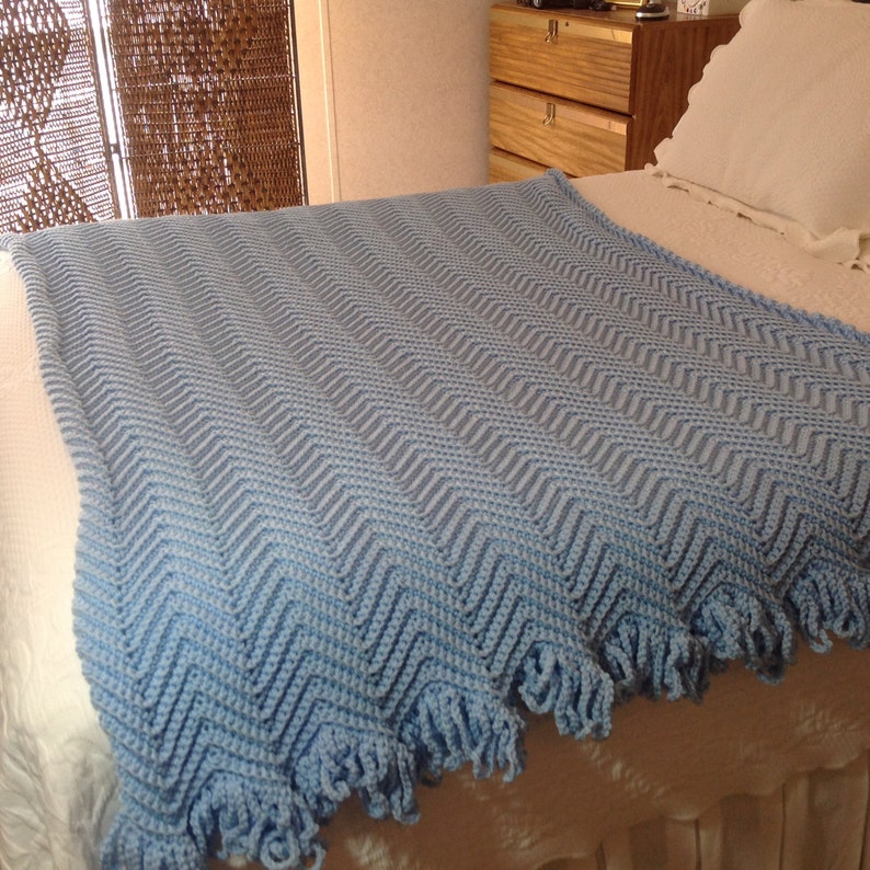 Light Solid Blue Afghan, Hand Crocheted Throw, Machine Wash, Free Ship