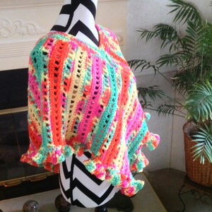 Neon Stripes Multi-color Party Poncho_Teen/Misses Size Small_with ruffle hand crocheted, machine wash, free shipping, Made in USA