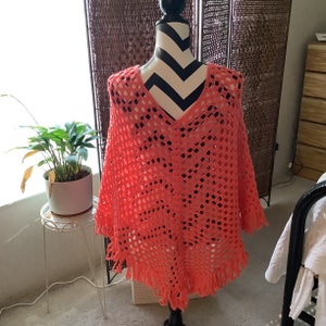 Light-weight Coral Poncho, Size Med, Great for Teens to Grandmothers, Warm Weather Wear, Machine Wash/Dry, Free Ship, Made in USA