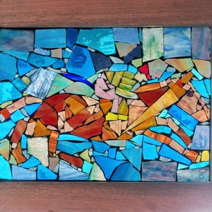 Målat glas, springande häst och jockey, handgjort original, 15,5x11,5 tum på ram