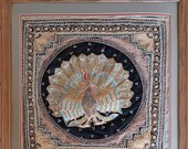 Vintage Framed Burmese Embroidered Kalaga Tapestry Featuring Peacock with Sequins Glass Beads Hand Crafted