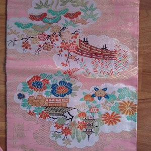 Japanese Silk Obi Kimono Waist Band Belt Kyoto Temple Vintage 123 inches long