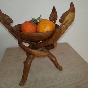 Vintage AFRICAN INTERLOCKING Solid Wooden FIGURINES Carved Bowl and Tribal Stand