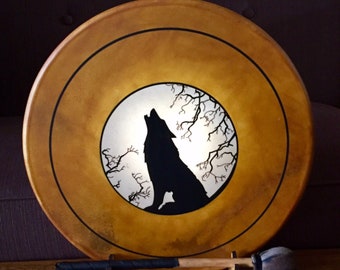 Shaman Drum- Frame Drum -Native American Drum-Bodhran- Wolf Drum- Spirit Animal-Wall Lamp-Drum Display Stand-Drum Light-Music Decor-Drum Bag