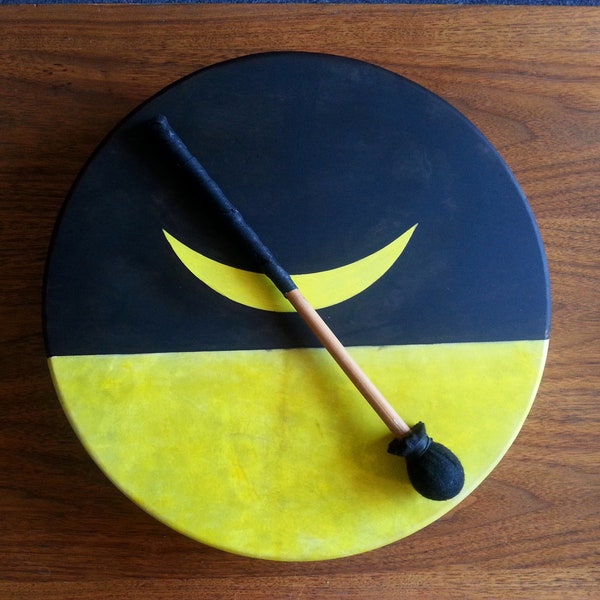 14" Shaman Native American Bodhran Hoop Frame Harmonic Hand Drum Goat Hide Hand Painted "Moon Rising" image W/ Custom Shaman Beater Mallet