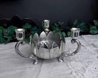 Vintage Leonard Silver Plate Lotus Flower Bowl 3 Candle Stick Holder