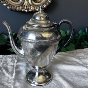 May include: A silver-colored teapot with a curved spout, a rounded body, and a lid with a small knob. The teapot has a black handle and sits on a pedestal base. The background includes a decorative gold-colored wall hanging.