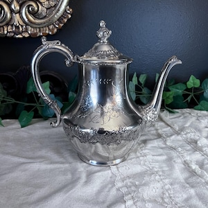 Puede incluir: Una tetera de metal plateado con un patrón floral en relieve alrededor de la base y un delicado diseño botánico grabado en el cuerpo. Incluye un asa curva, un pico largo y una tapa extraíble con un remate decorativo en la parte superior.